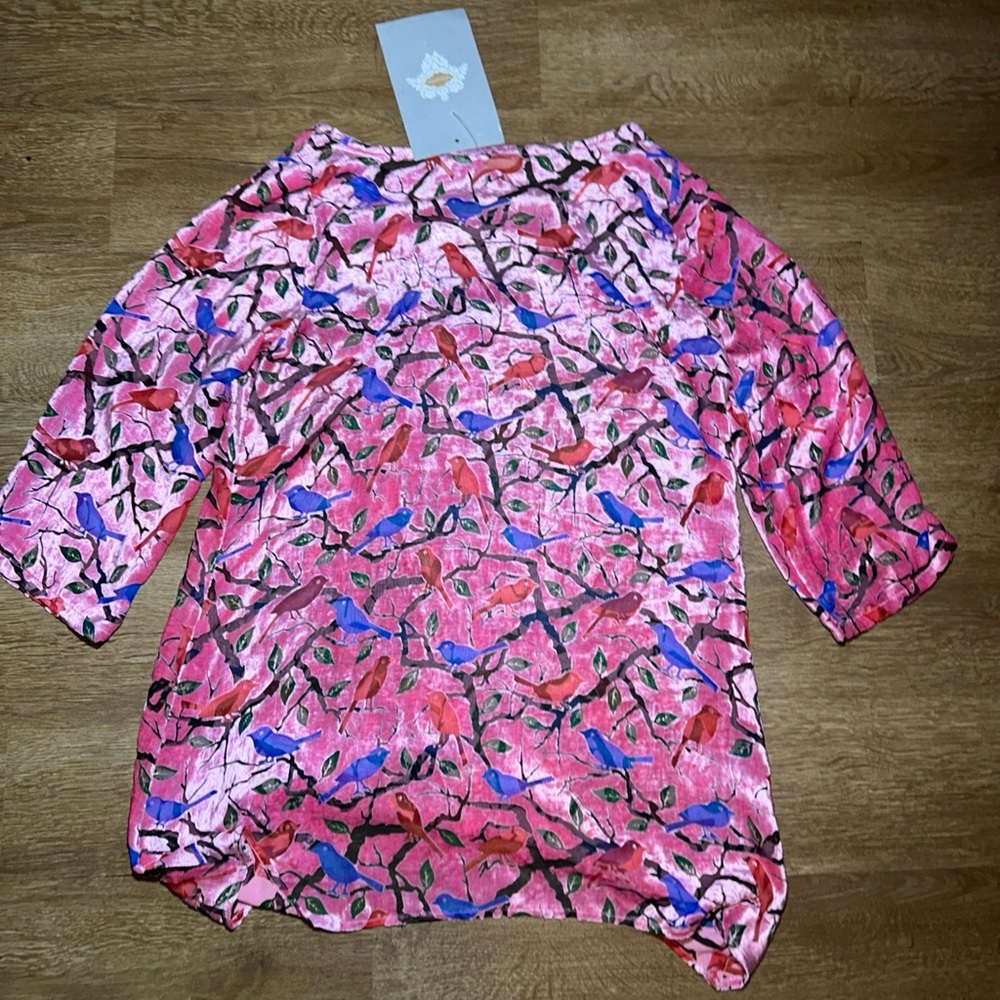 Soft Surroundings Birdie Tunic Strawberry Pink Burnout Velvet Bird Print Top S - Picture 6 of 7